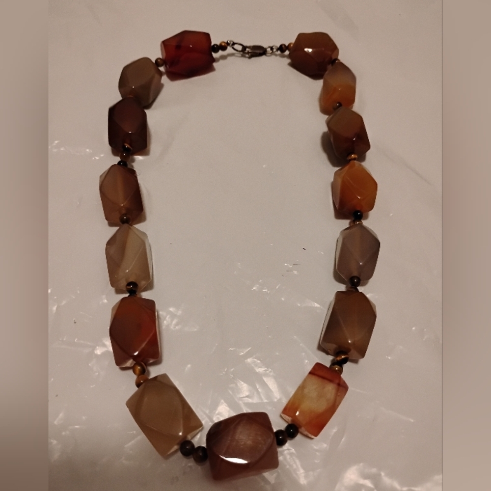 Vintage 925 Sterling Chunky Agate and Tiger's Eye Beaded Choker Necklace 8.5"